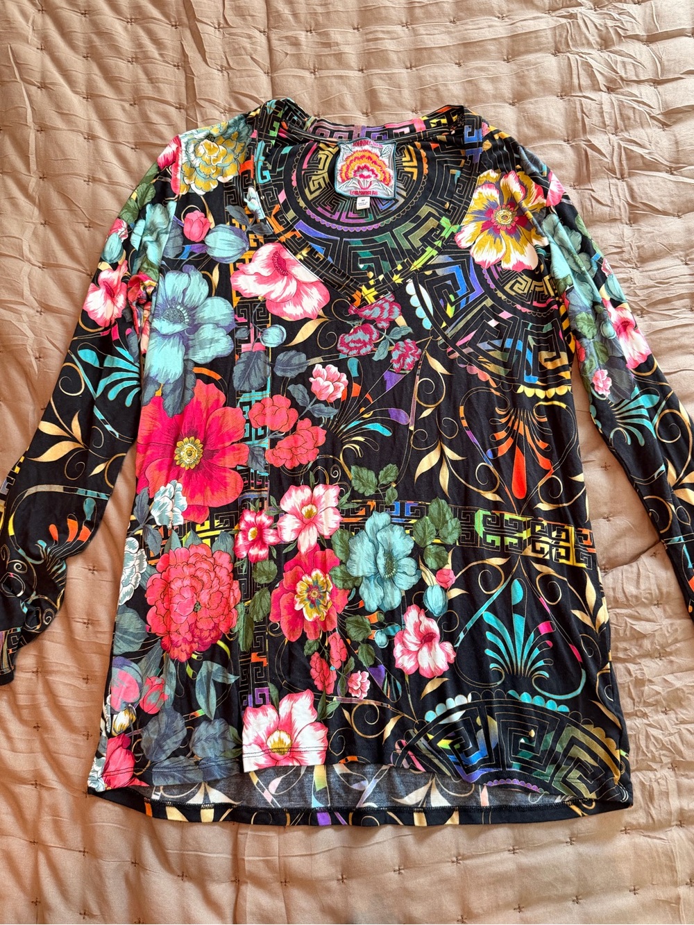 Johnny Was Black Long Sleeve Floral Print Top with Pink and Teal Accents